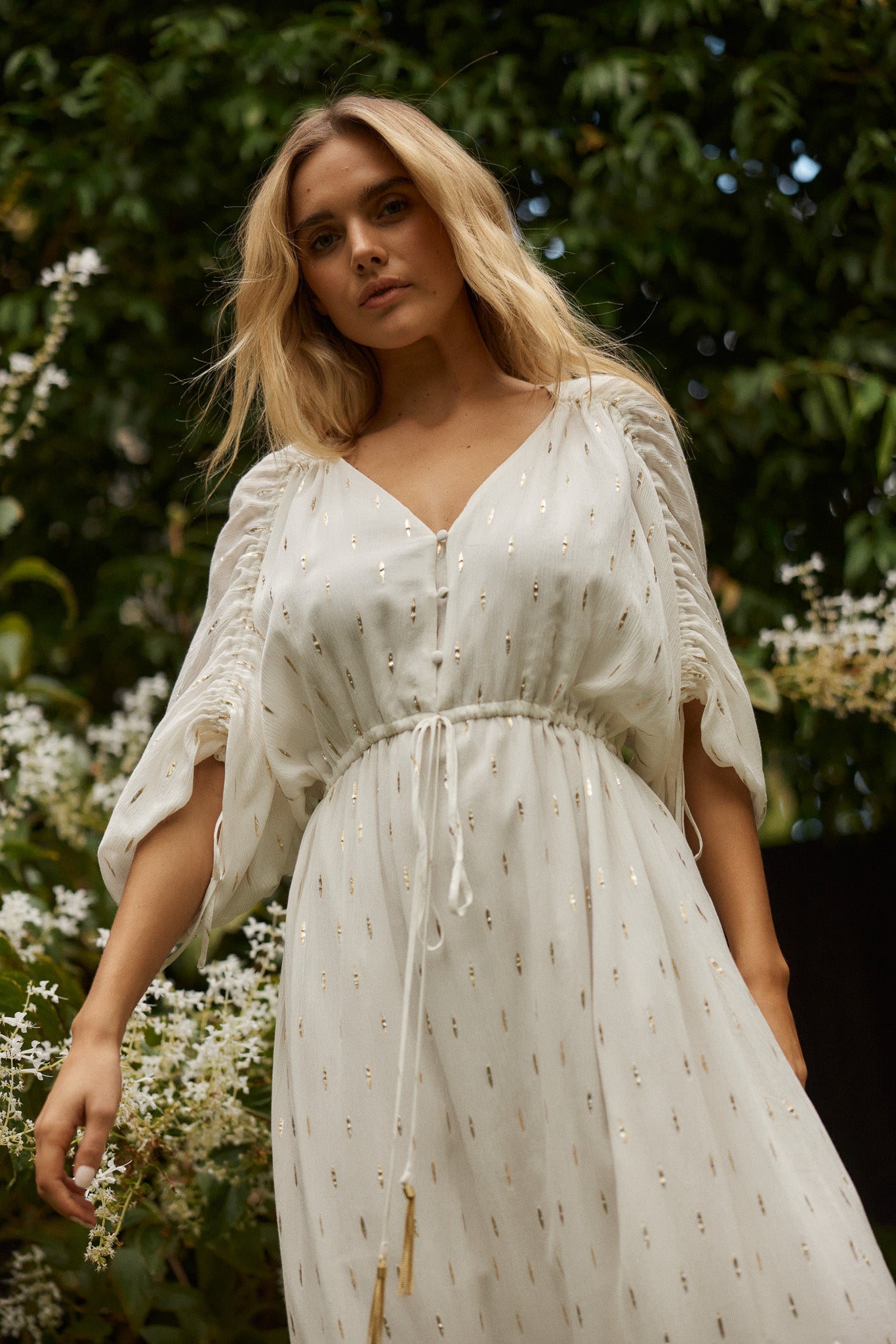 Delia Batwing Dress - White / Gold | On Location Boutique Delia Batwing Dress - White / Gold | On Location Boutique